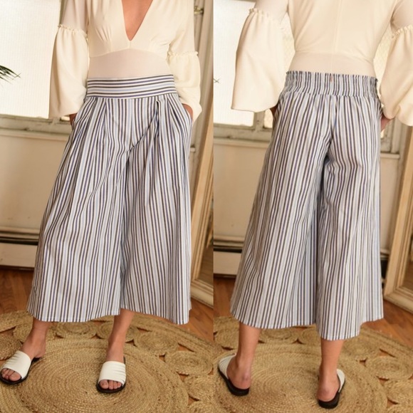 MISA Camden Pleated Stripe Wide Leg Culotte Pants in White Blue - Picture 1 of 14